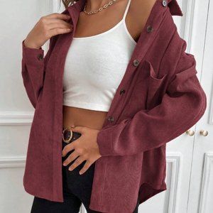 SHEIN Button Front Pocket Patched Corduroy Shirt - Burgandy